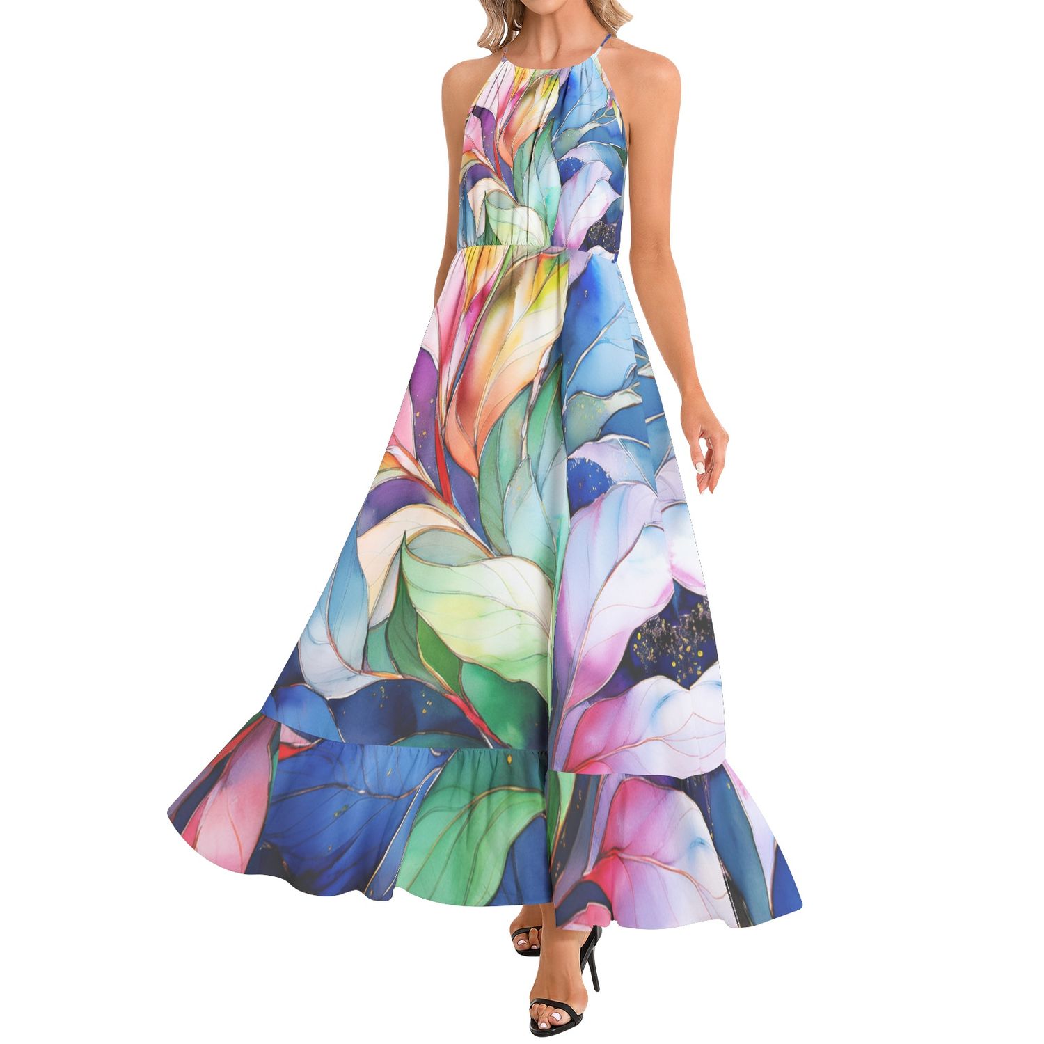 Ruffle Hem Halter Neck Maxi Dress