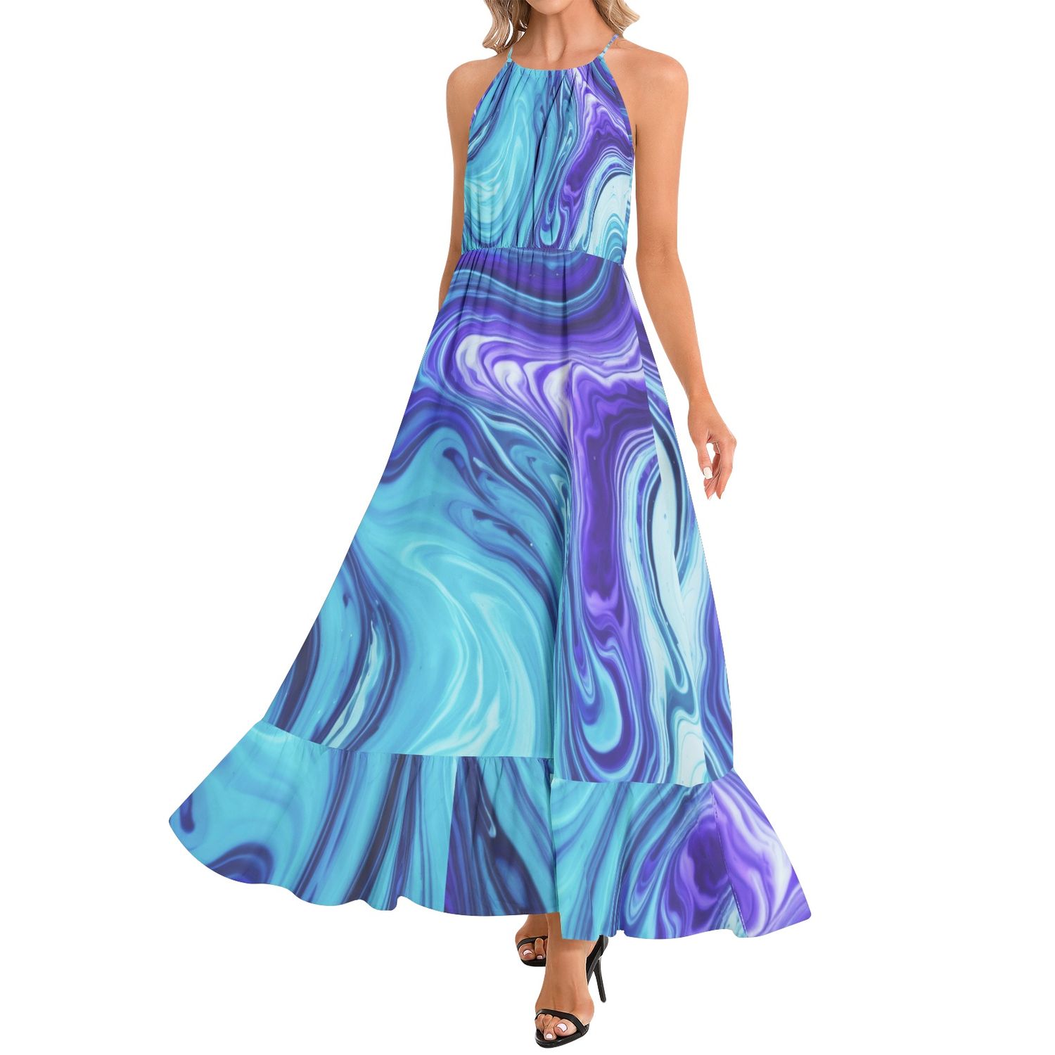 Ruffle Hem Halter Neck Maxi Dress
