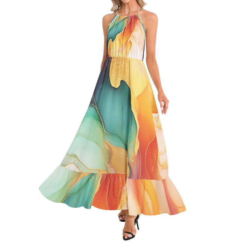 Ruffle Hem Halter Neck Maxi Dress