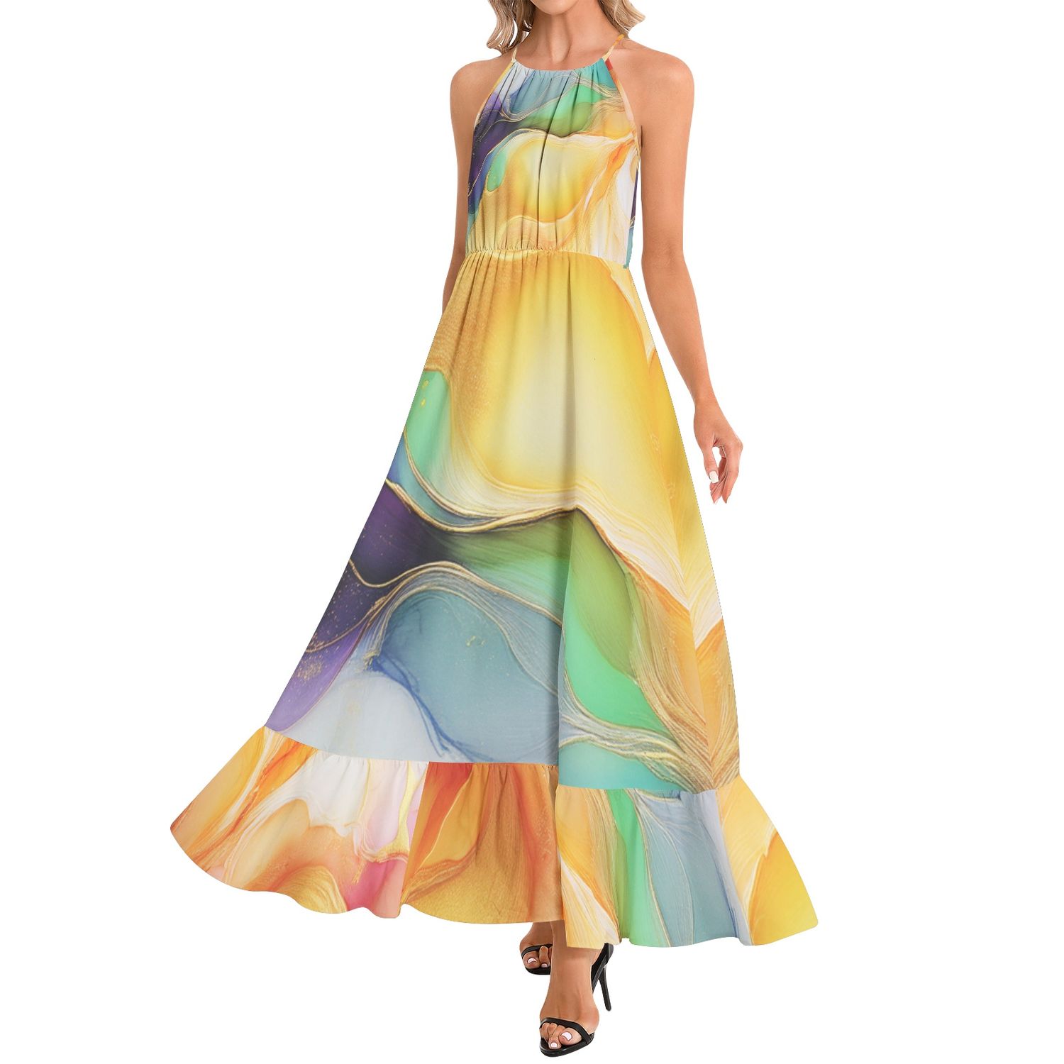 Ruffle Hem Halter Neck Maxi Dress