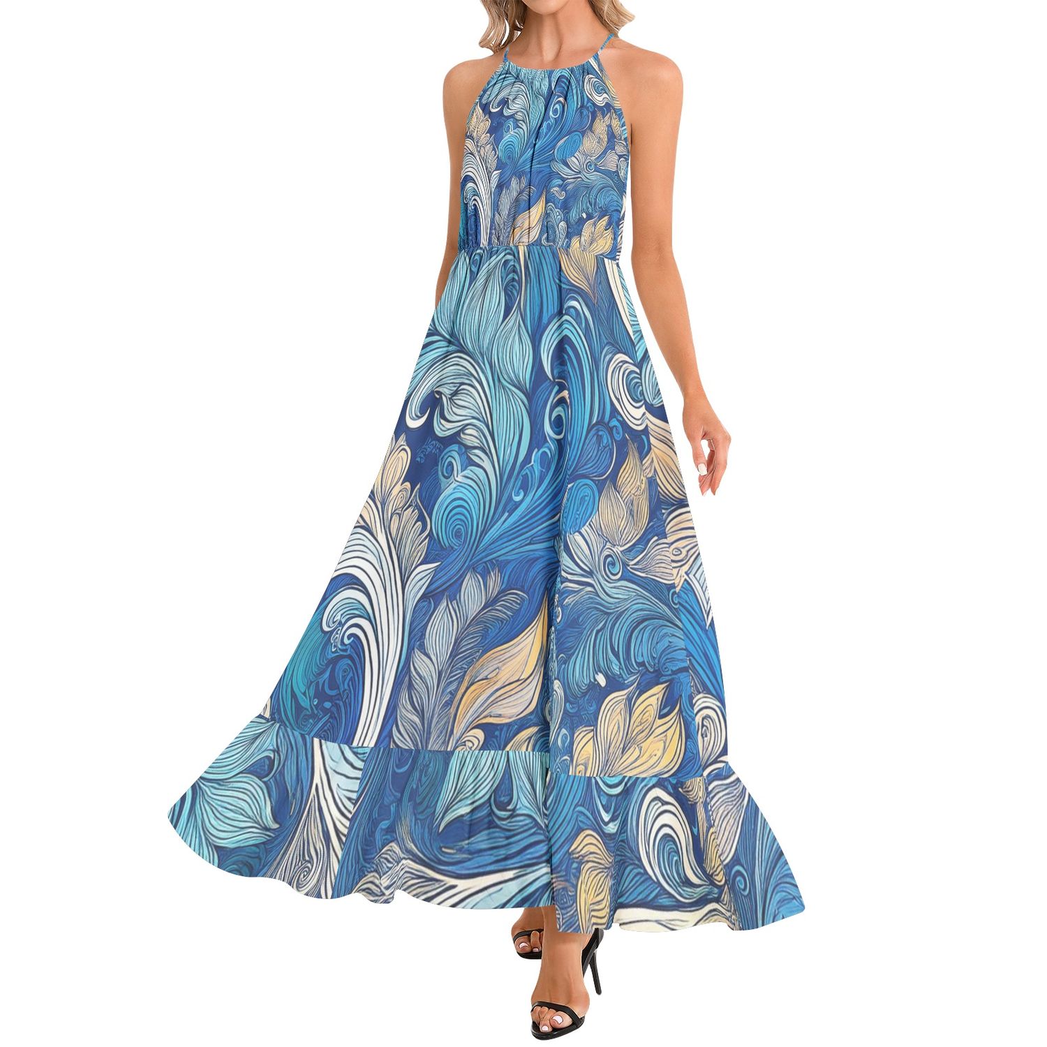 Ruffle Hem Halter Neck Maxi Dress