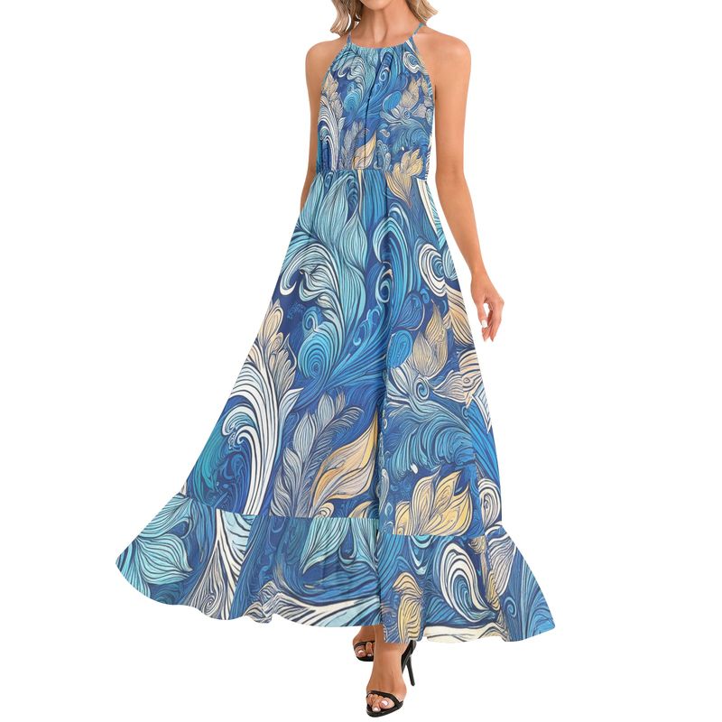 Ruffle Hem Halter Neck Maxi Dress