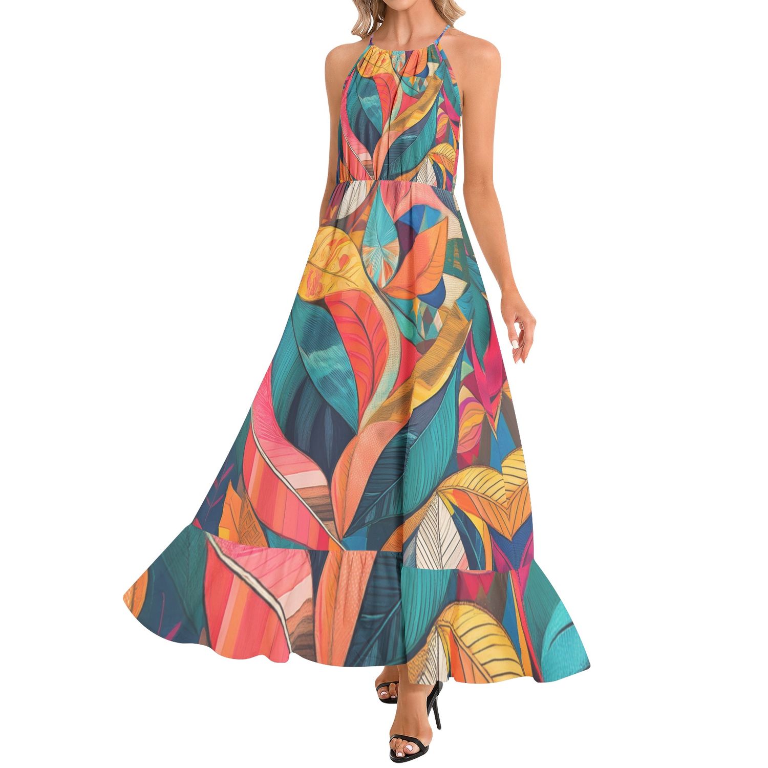 Ruffle Hem Halter Neck Maxi Dress