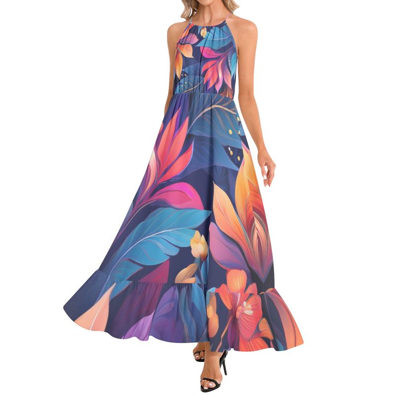 Ruffle Hem Halter Neck Maxi Dress