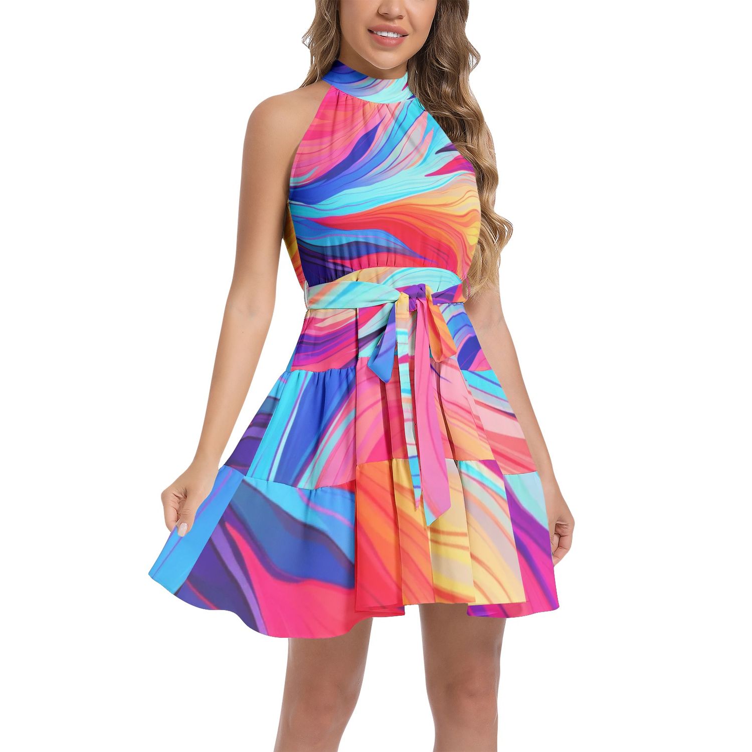 Ruffle Hem Belted Halter Dress