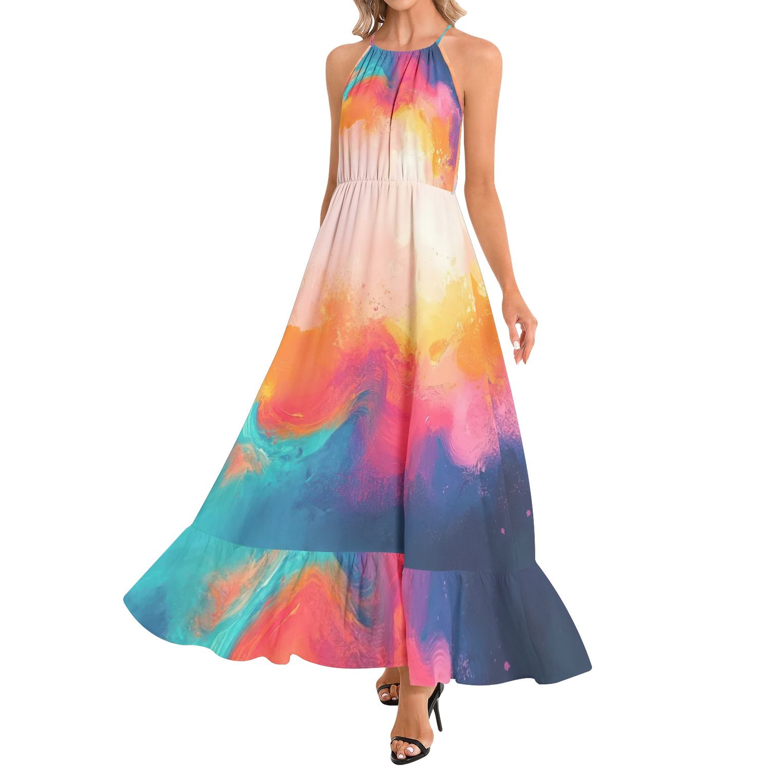 Ruffle Hem Halter Neck Maxi Dress