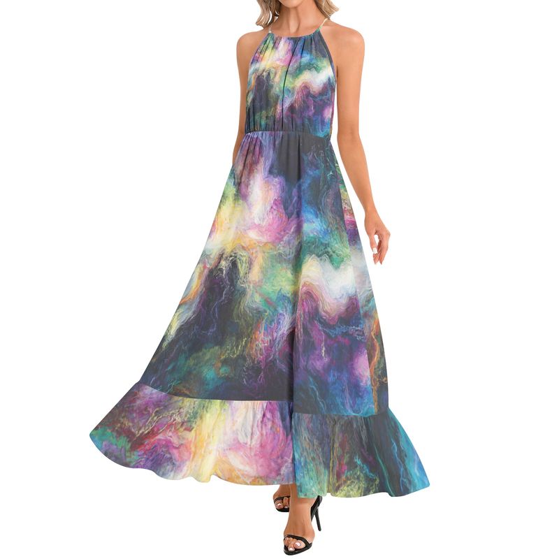 Ruffle Hem Halter Neck Maxi Dress