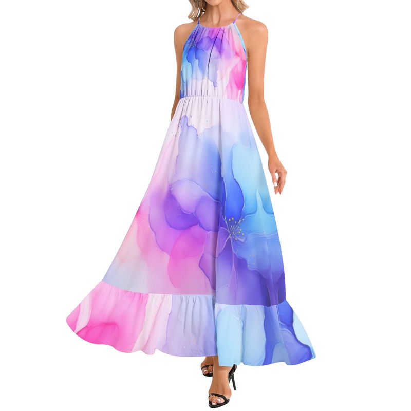 Ruffle Hem Halter Neck Maxi Dress