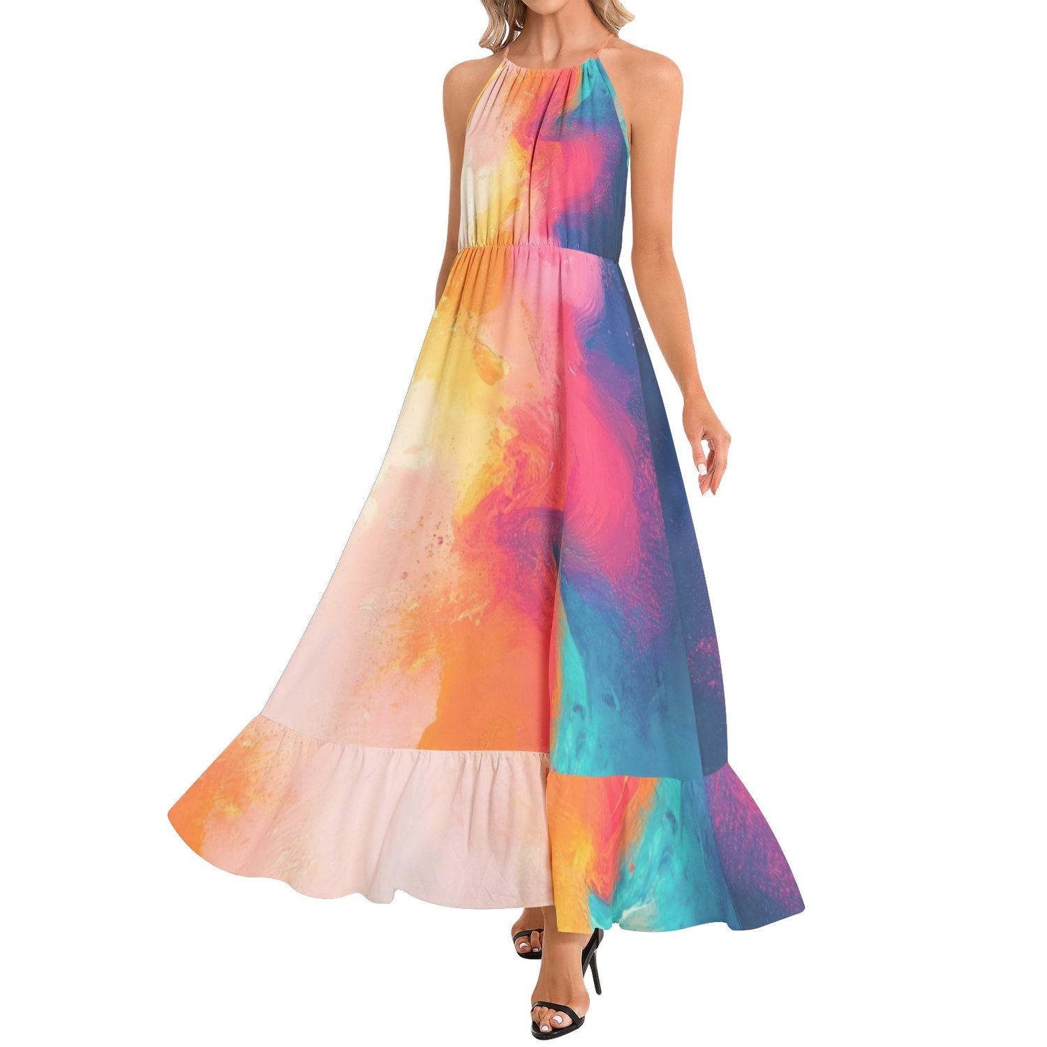 Ruffle Hem Halter Neck Maxi Dress