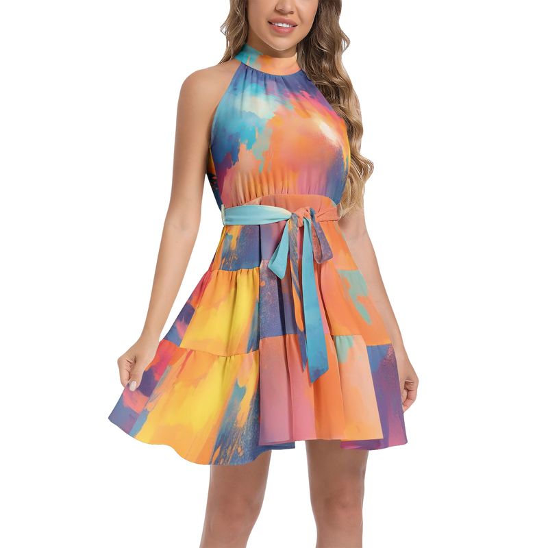 Ruffle Hem Belted Halter Dress