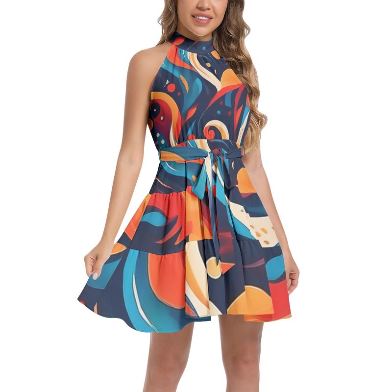 Ruffle Hem Belted Halter Dress