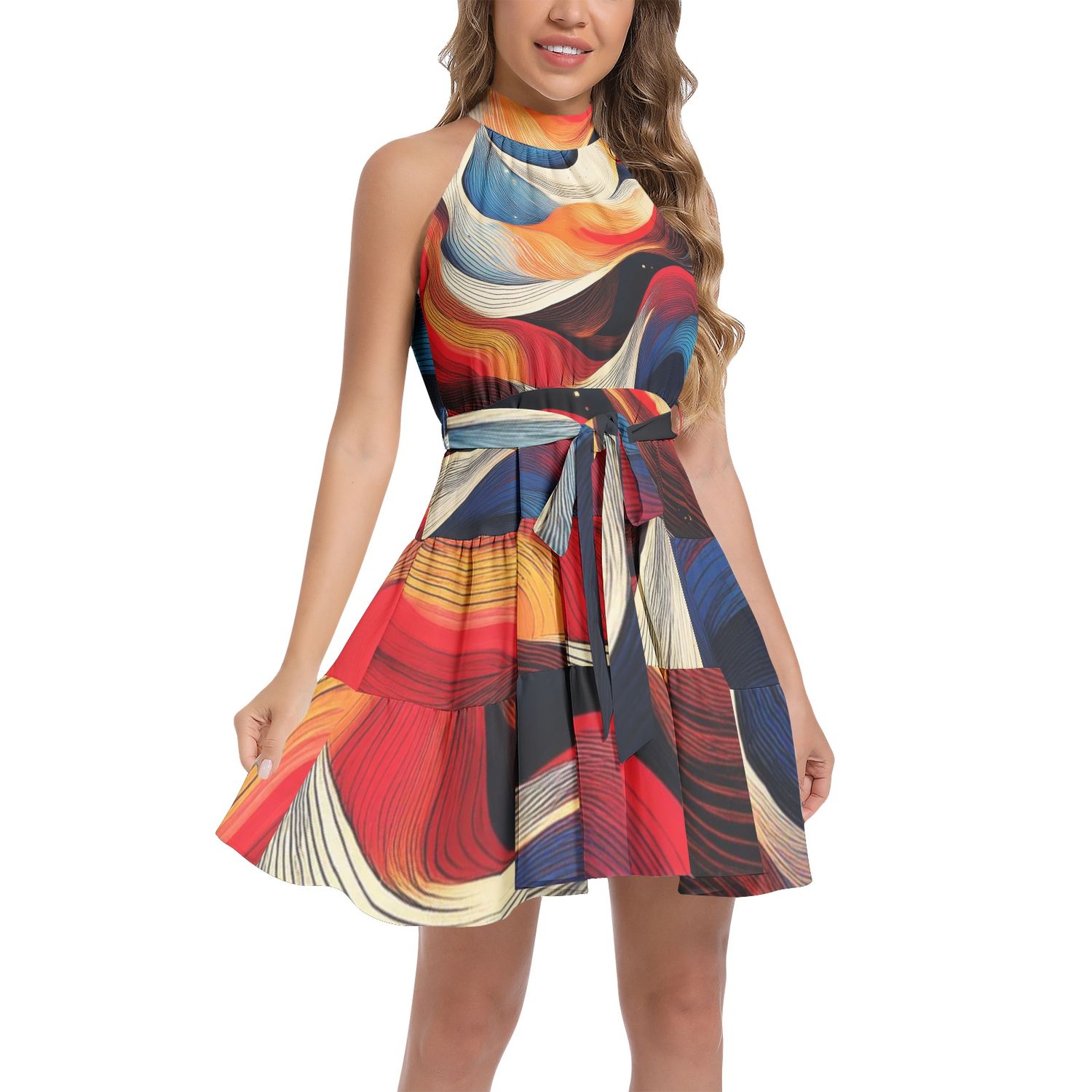 Ruffle Hem Belted Halter Dress