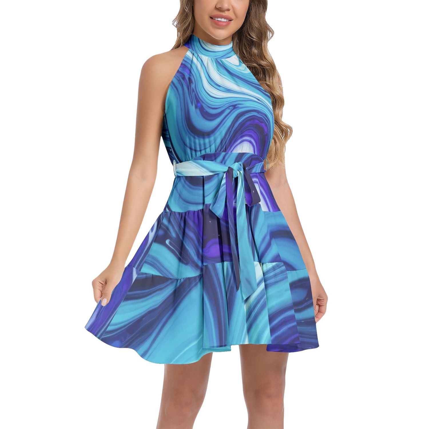 Ruffle Hem Belted Halter Dress