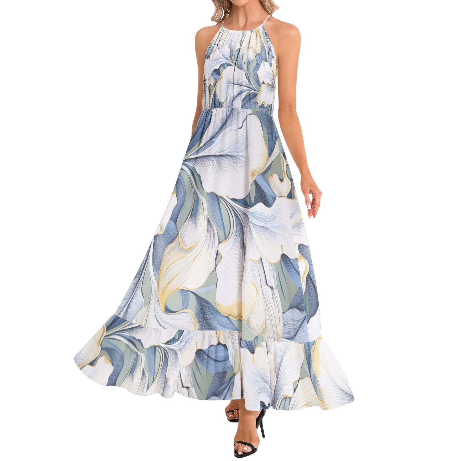 Ruffle Hem Halter Neck Maxi Dress