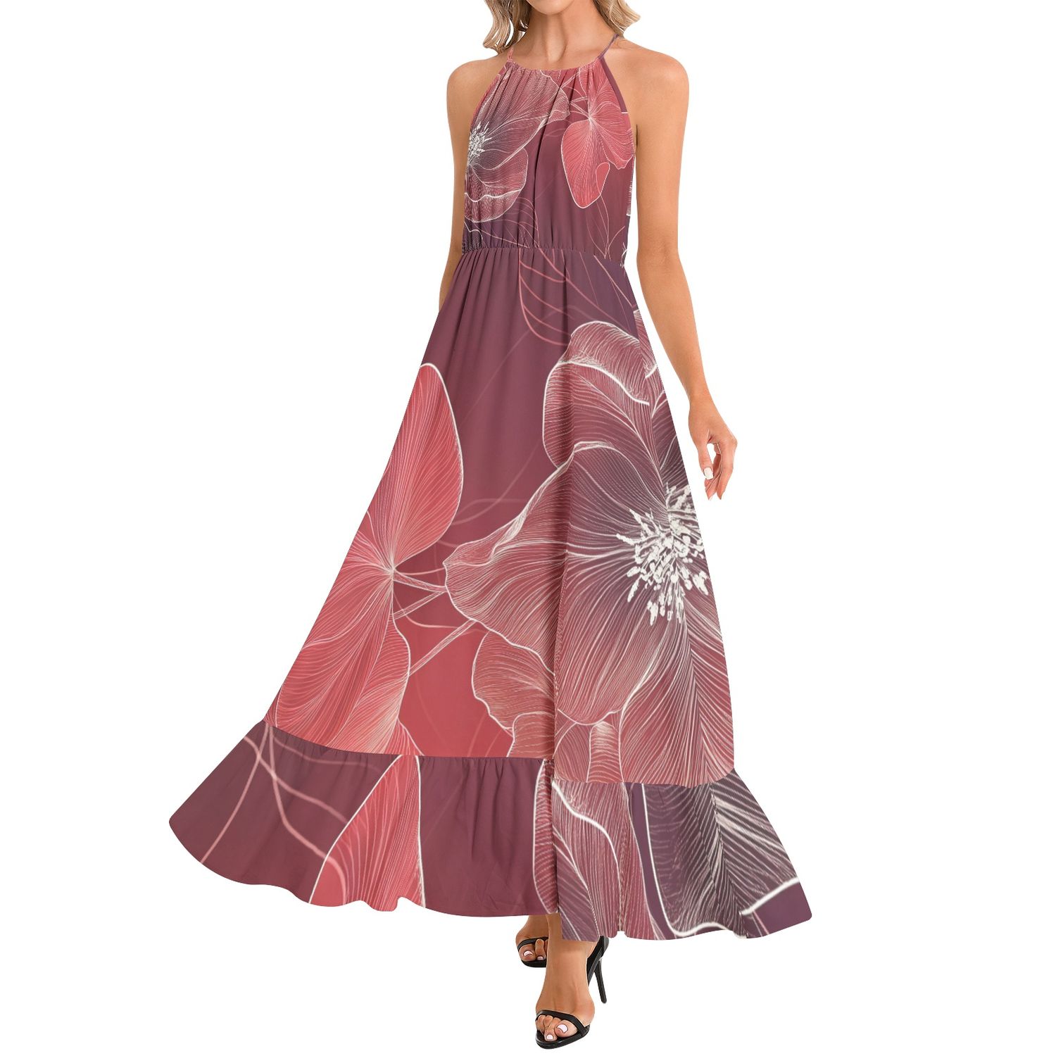 Ruffle Hem Halter Neck Maxi Dress