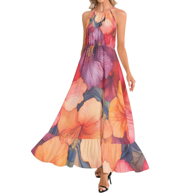 Ruffle Hem Halter Neck Maxi Dress