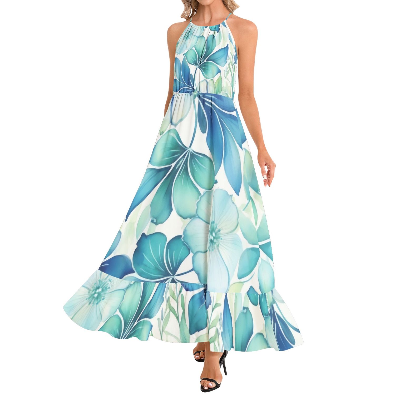 Ruffle Hem Halter Neck Maxi Dress