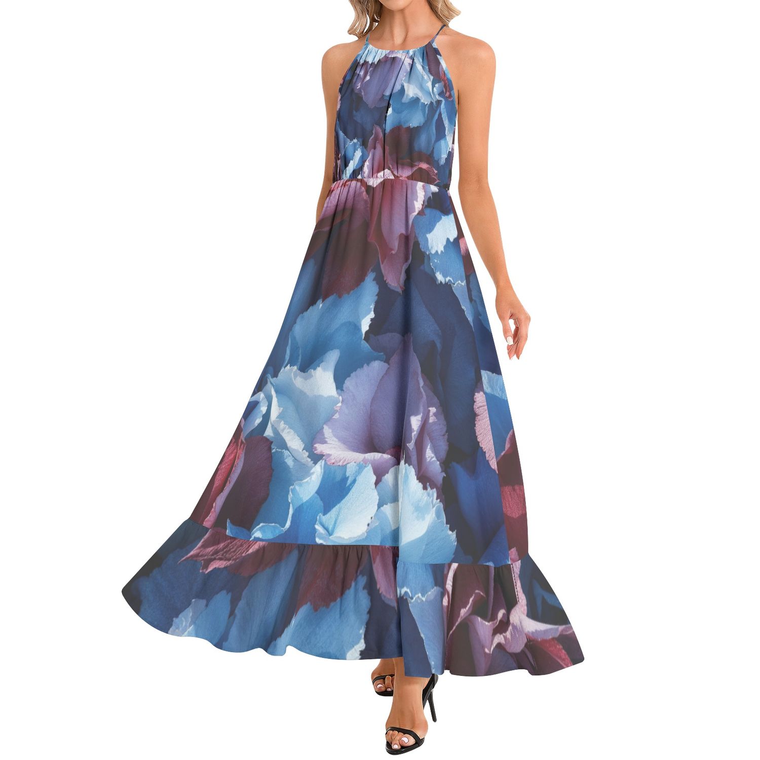 Ruffle Hem Halter Neck Maxi Dress