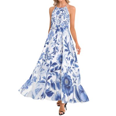 Ruffle Hem Halter Neck Maxi Dress