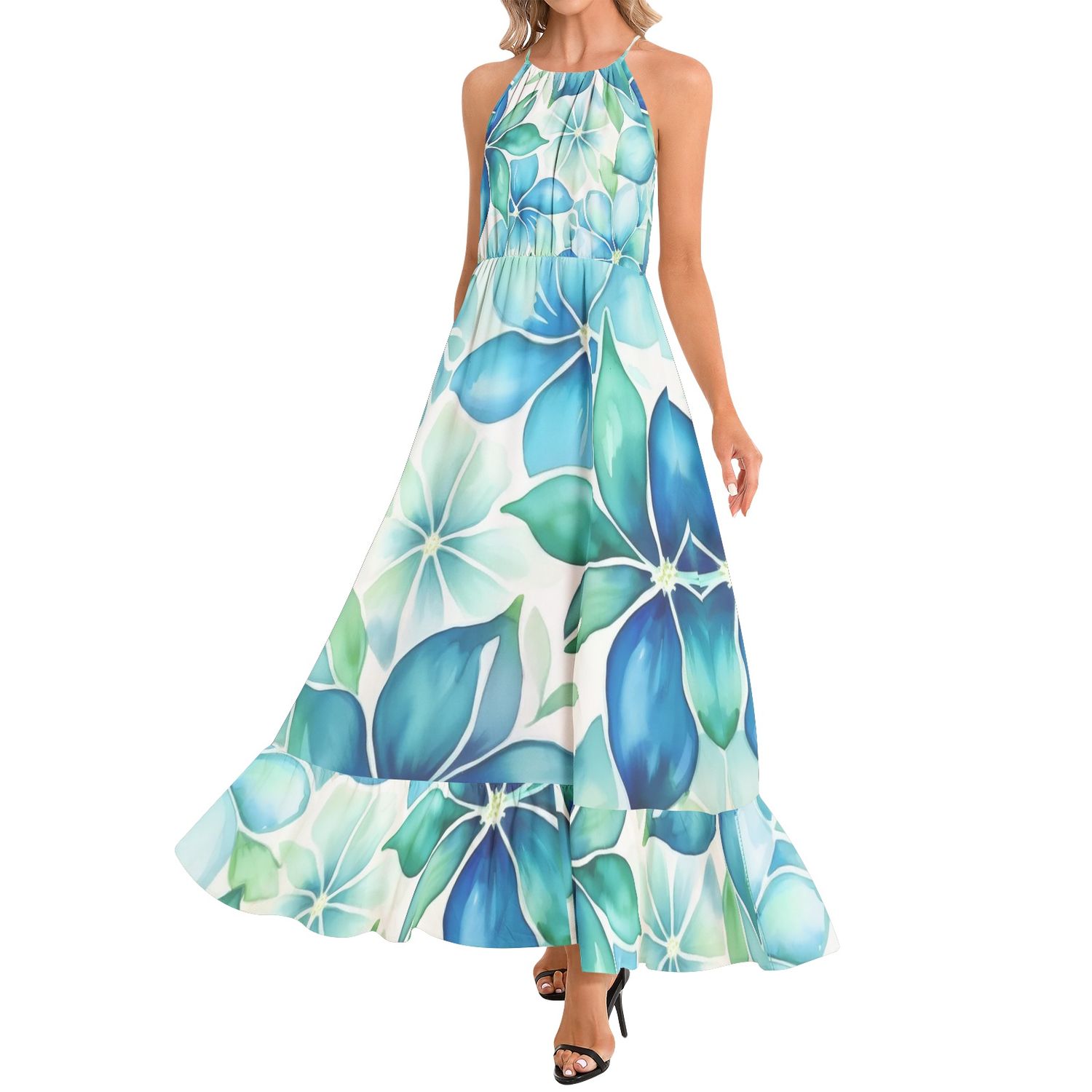 Ruffle Hem Halter Neck Maxi Dress