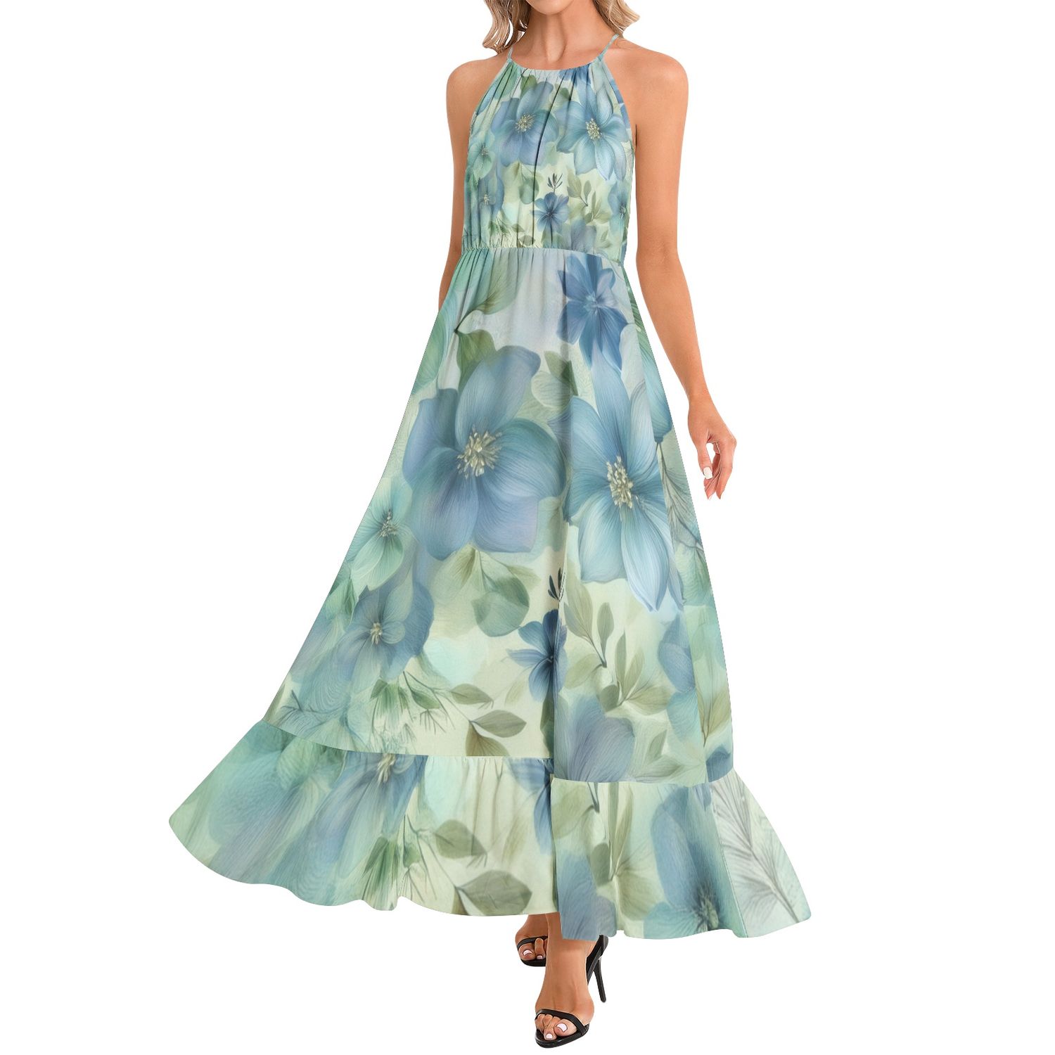 Ruffle Hem Halter Neck Maxi Dress