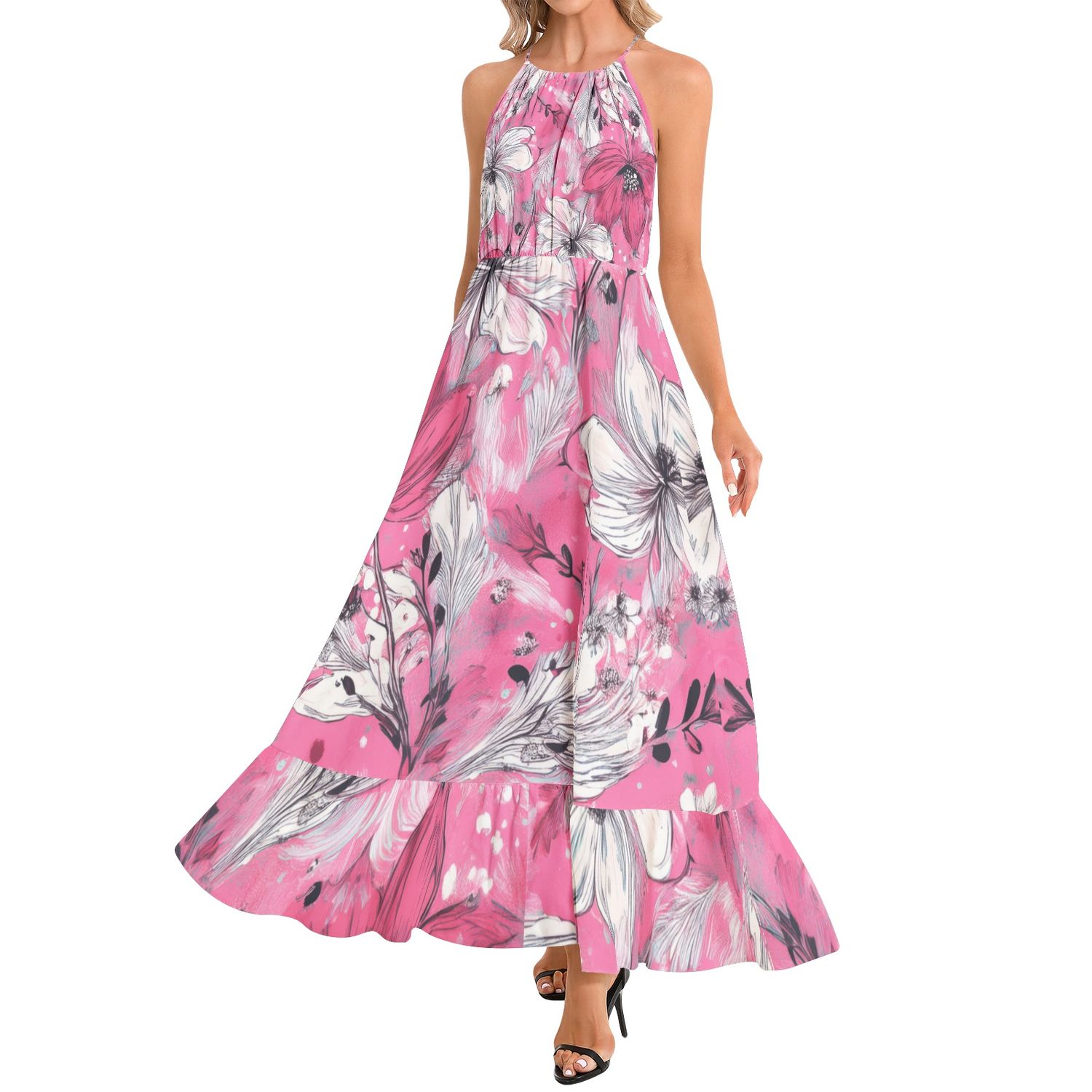 Ruffle Hem Halter Neck Maxi Dress