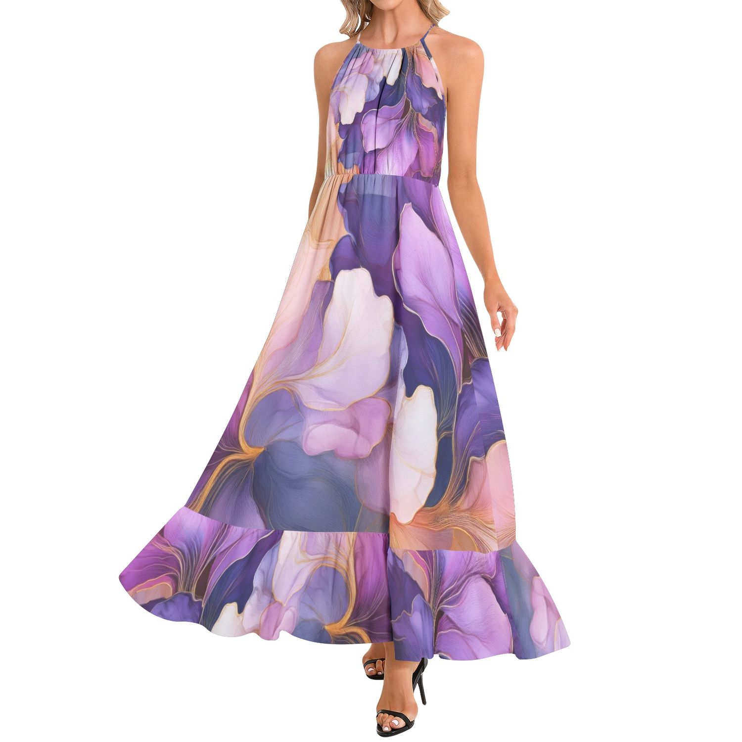 Ruffle Hem Halter Neck Maxi Dress