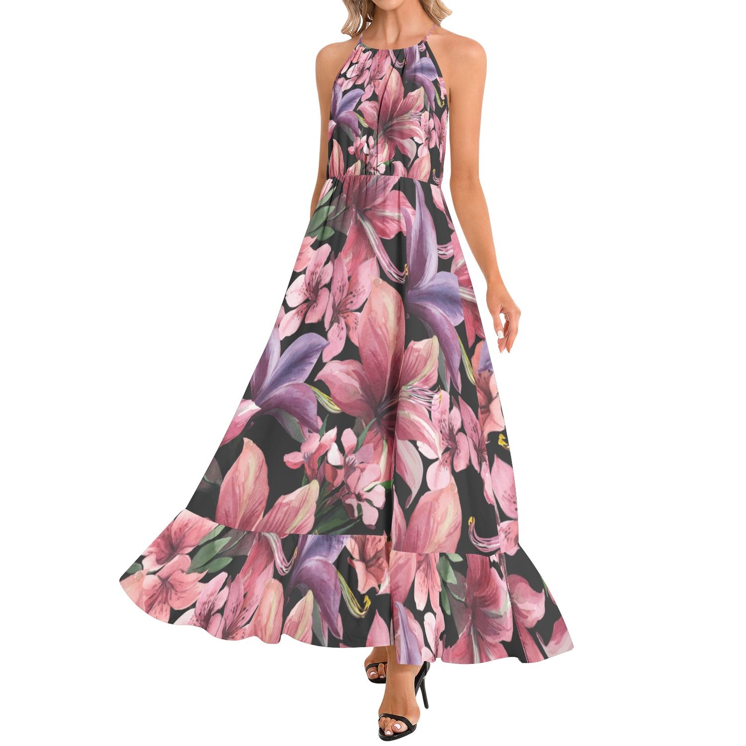 Ruffle Hem Halter Neck Maxi Dress