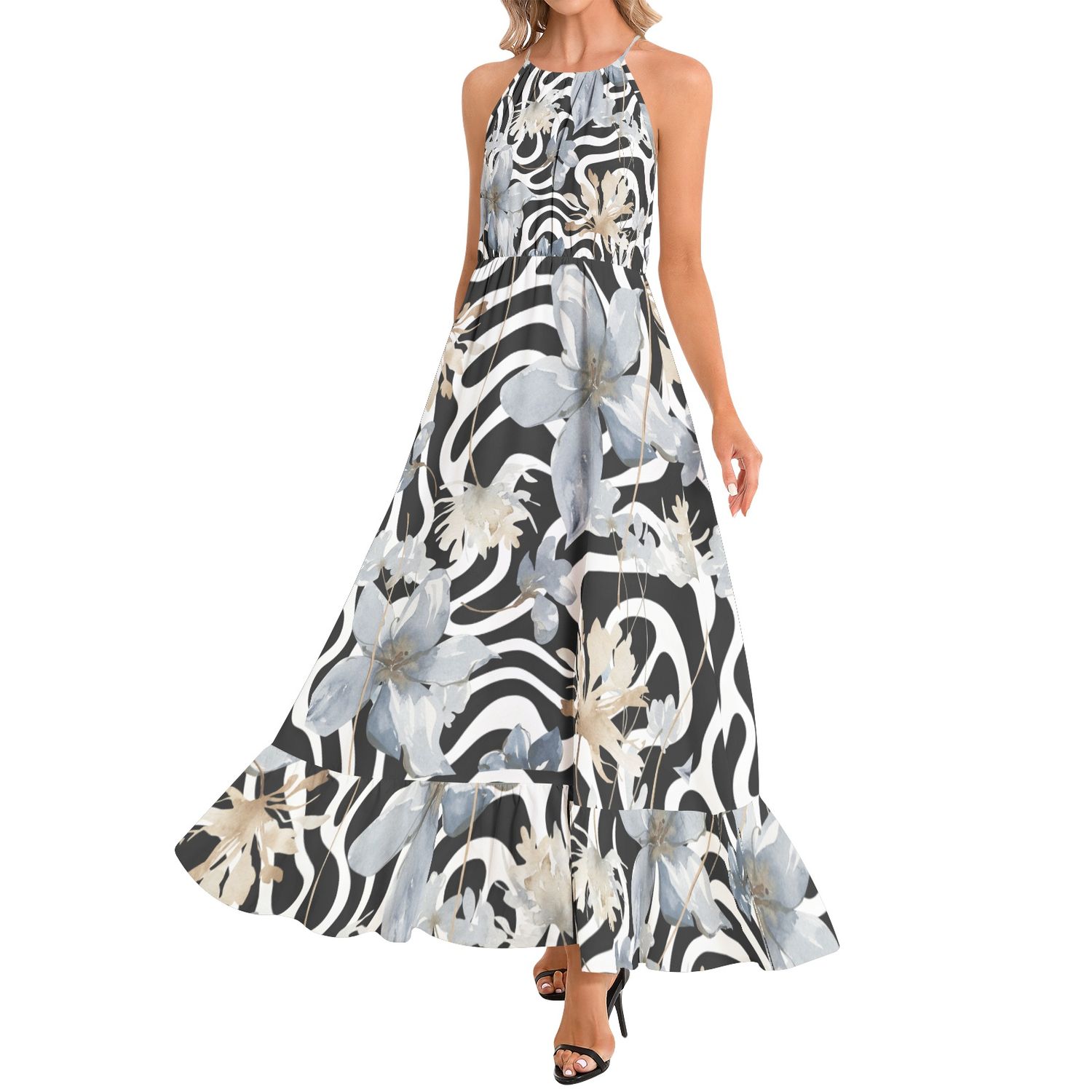 Ruffle Hem Halter Neck Maxi Dress