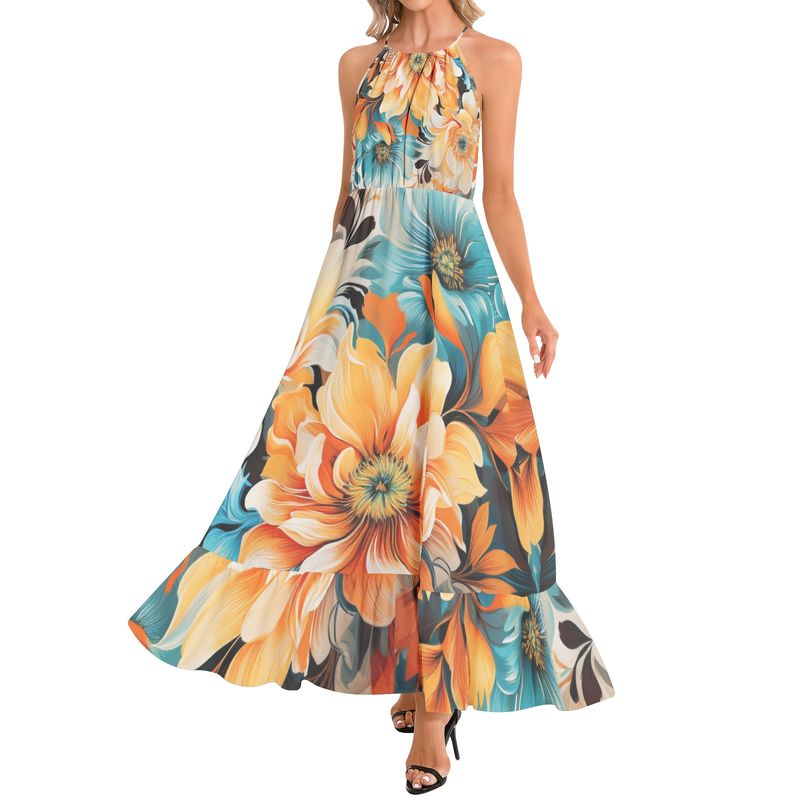Ruffle Hem Halter Neck Maxi Dress