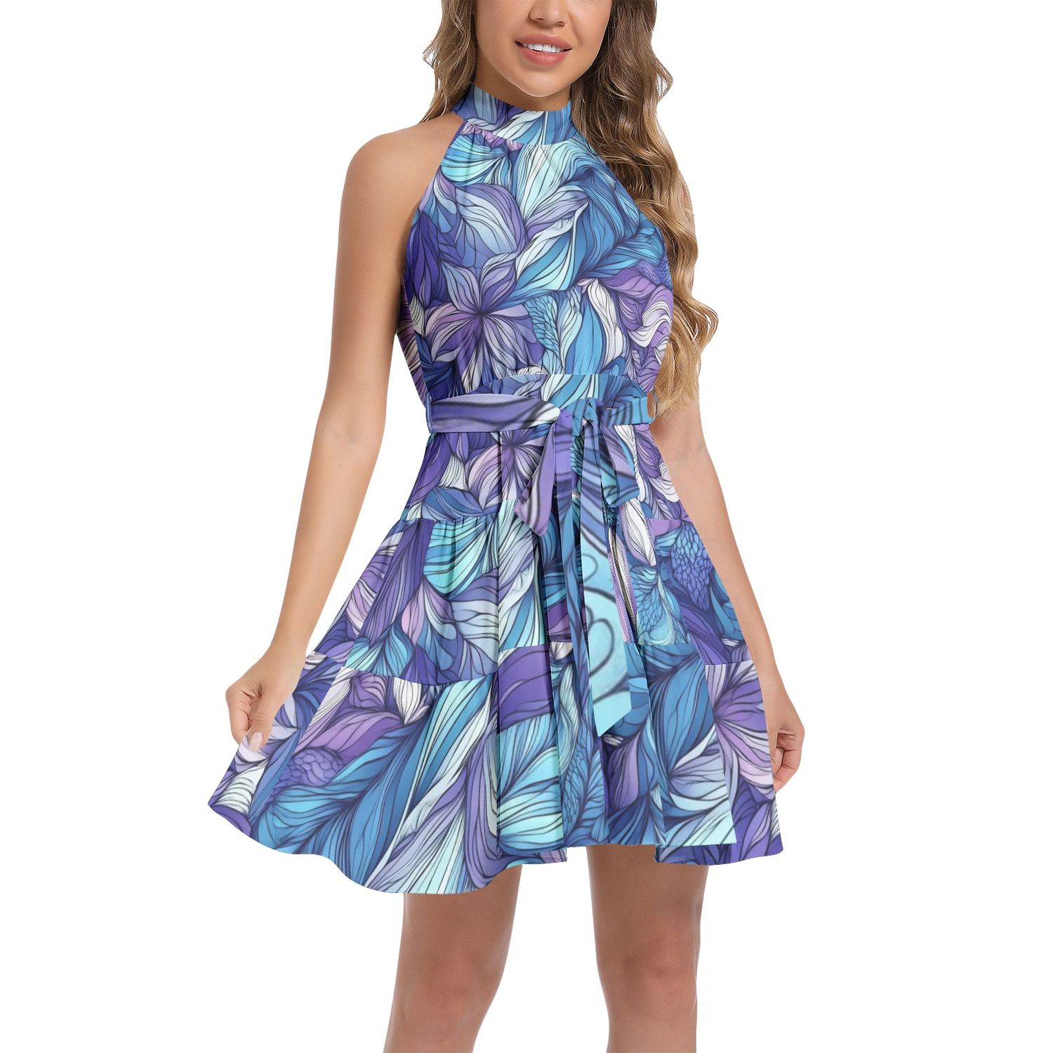 Ruffle Hem Belted Halter Dress