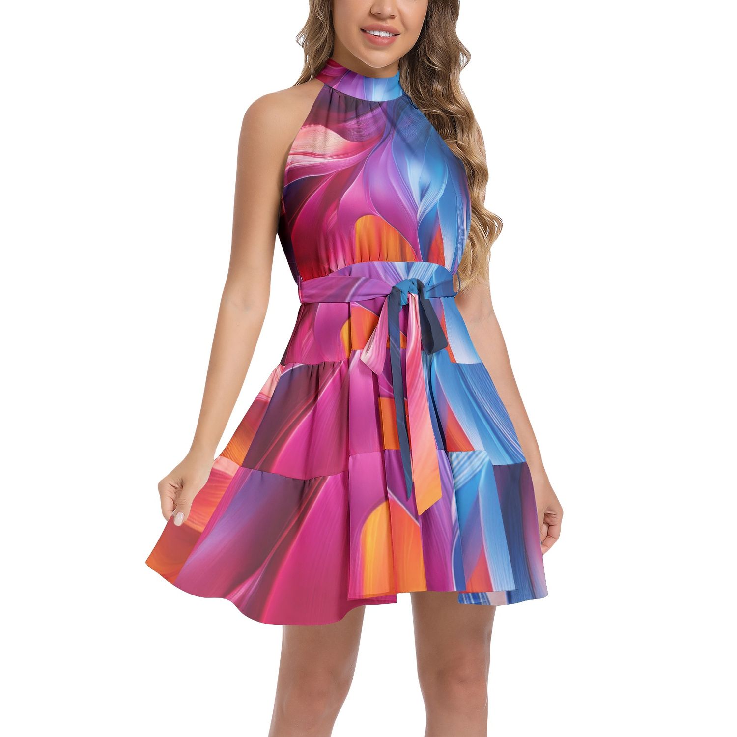 Ruffle Hem Belted Halter Dress