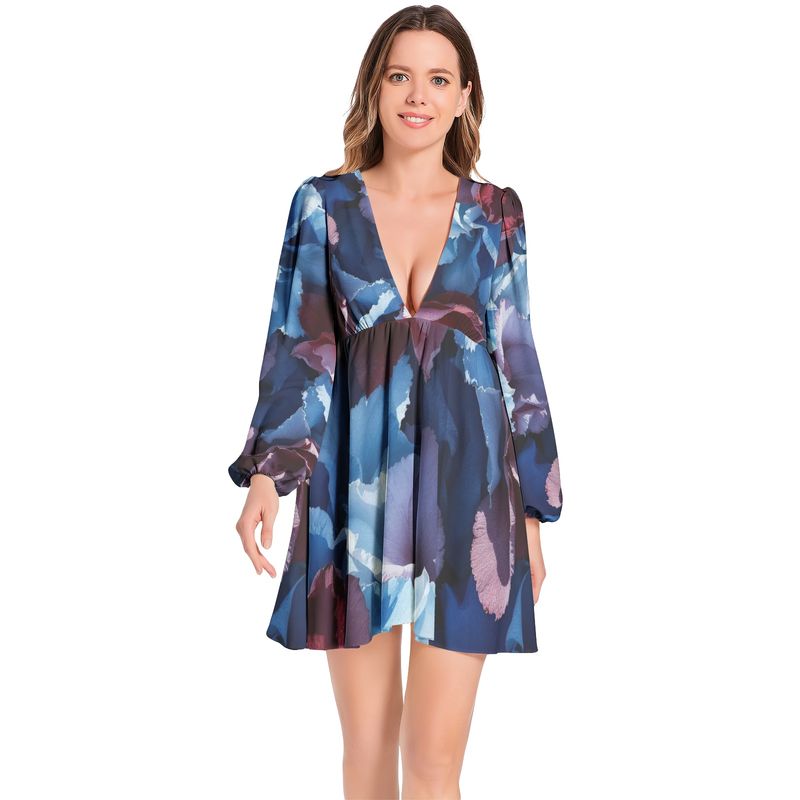 Lantern Sleeve Deep V-Neck Short Dress