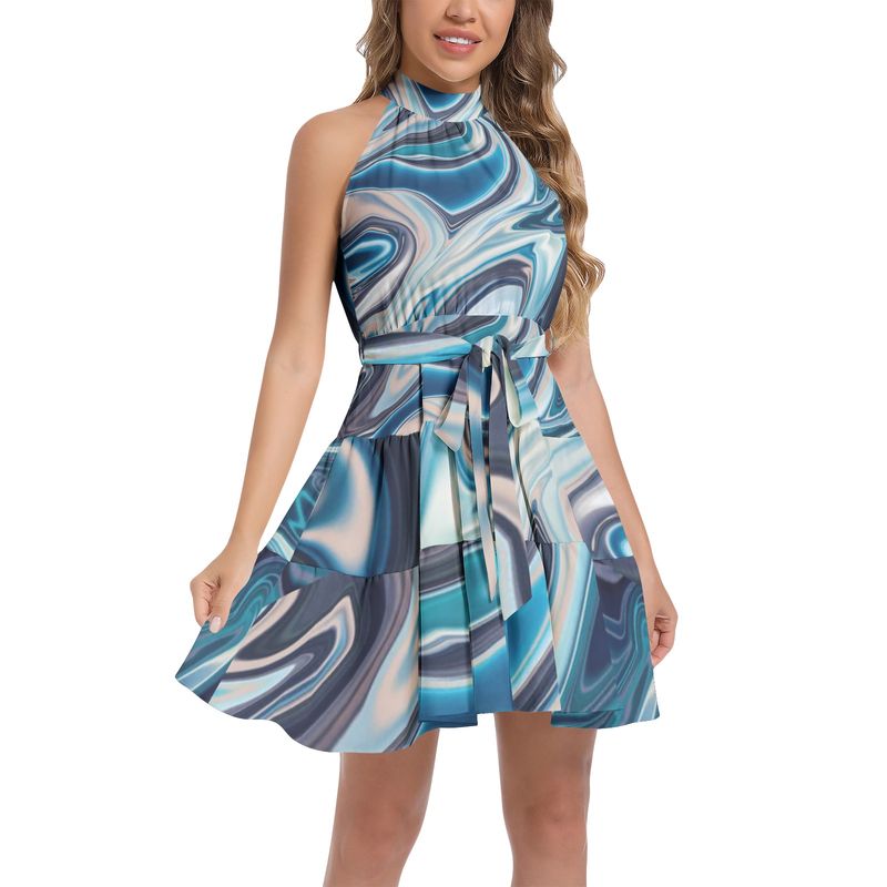 Ruffle Hem Belted Halter Dress