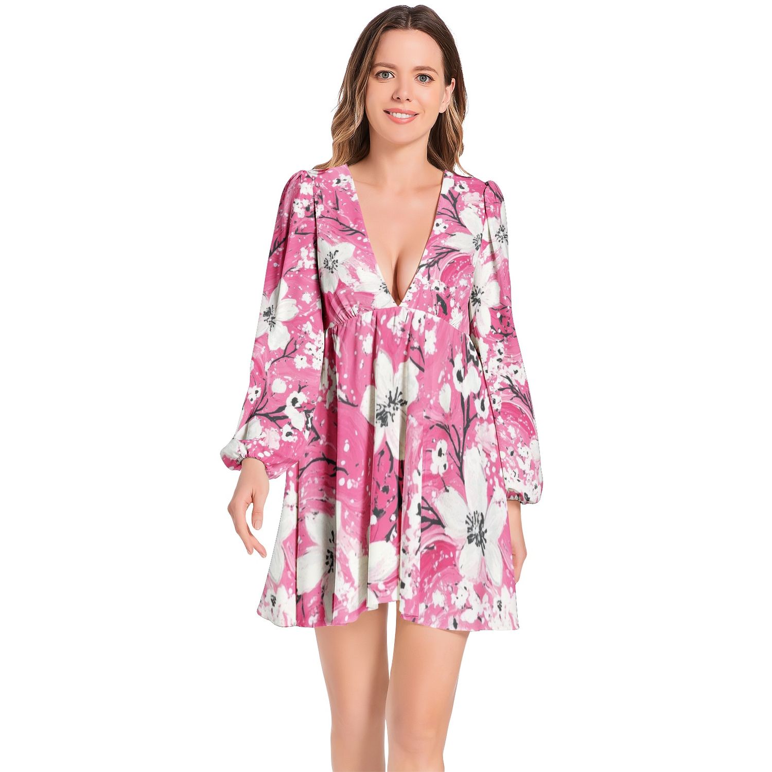 Lantern Sleeve Deep V-Neck Short Dress