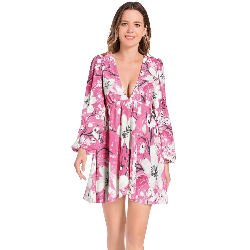 Lantern Sleeve Deep V-Neck Short Dress