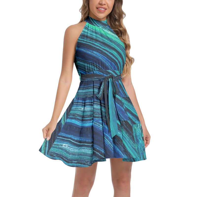 Ruffle Hem Belted Halter Dress
