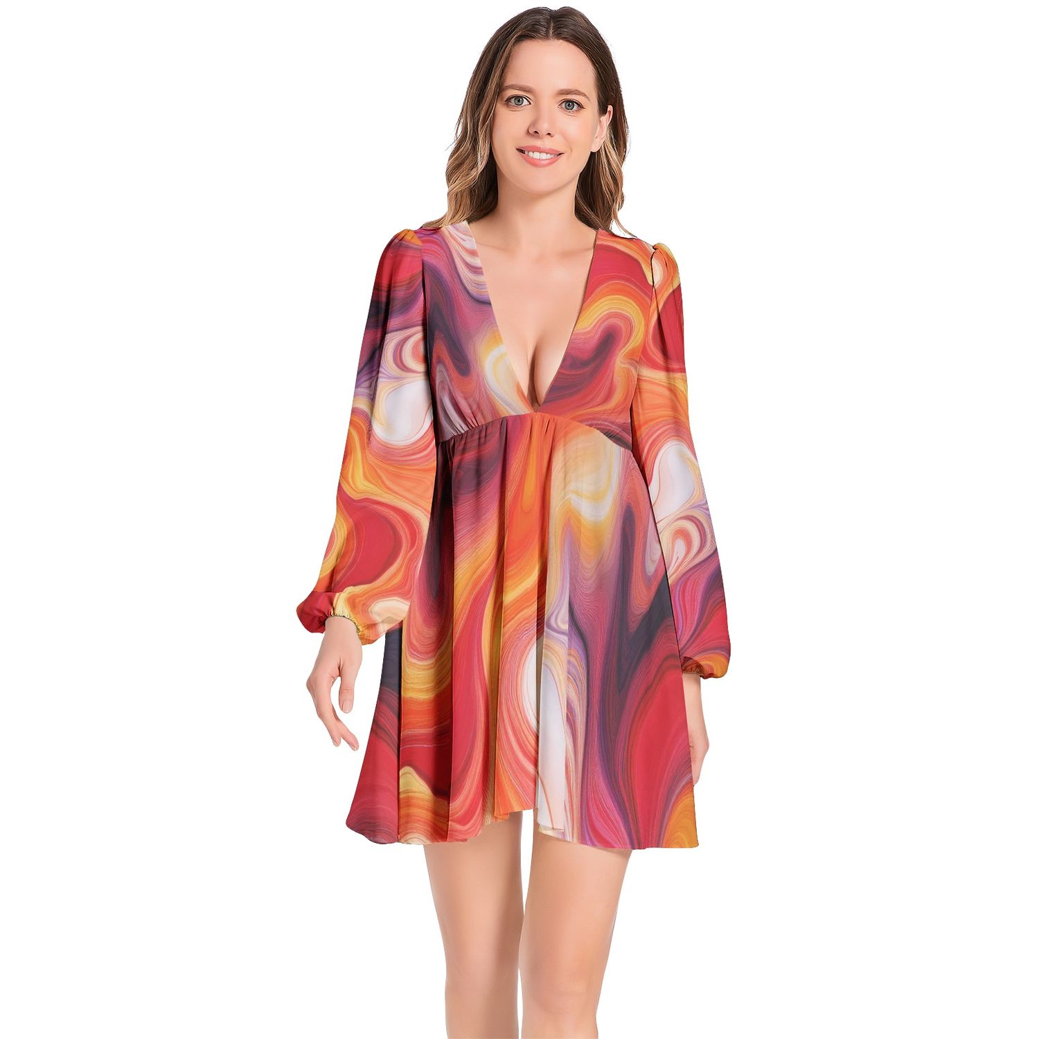 Lantern Sleeve Deep V-Neck Short Dress