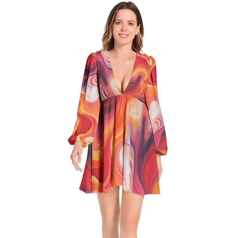 Lantern Sleeve Deep V-Neck Short Dress