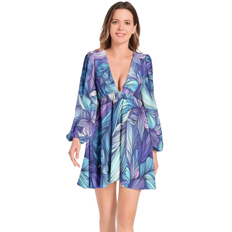 Lantern Sleeve Deep V-Neck Short Dress