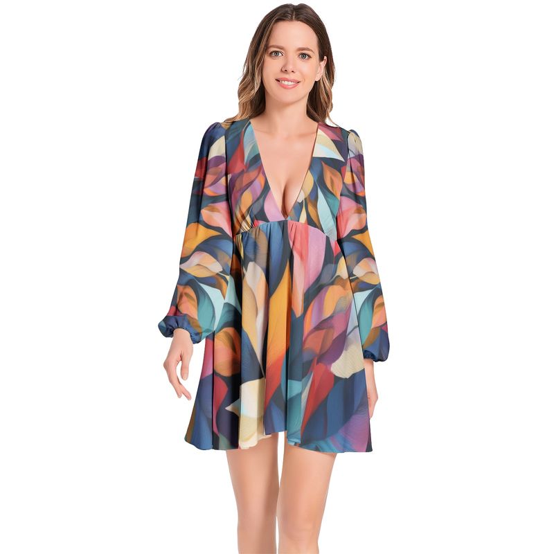 Lantern Sleeve Deep V-Neck Short Dress