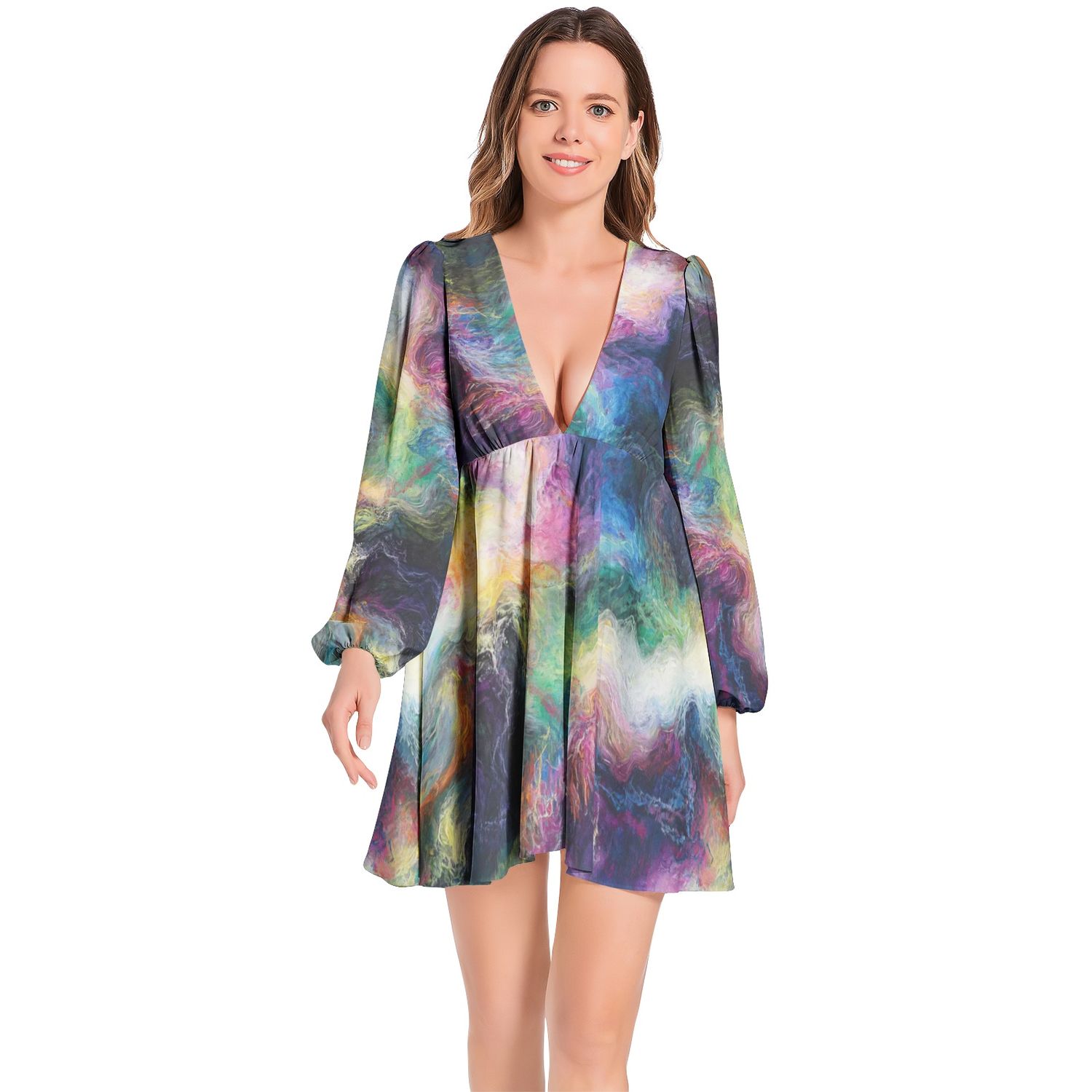 Lantern Sleeve Deep V-Neck Short Dress