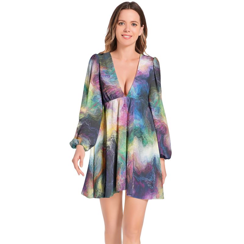 Lantern Sleeve Deep V-Neck Short Dress