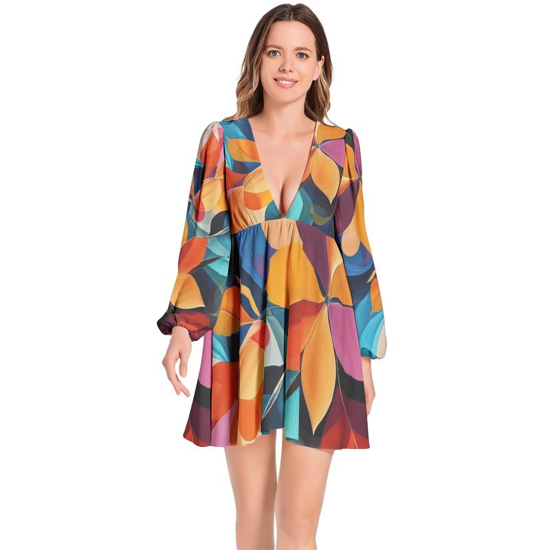 Lantern Sleeve Deep V-Neck Short Dress