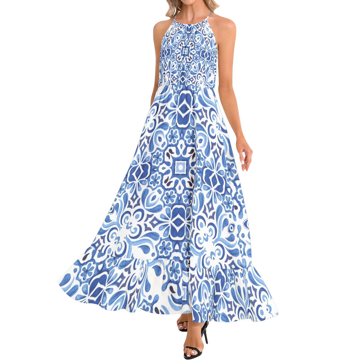 Ruffle Hem Halter Neck Maxi Dress