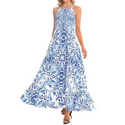 Ruffle Hem Halter Neck Maxi Dress