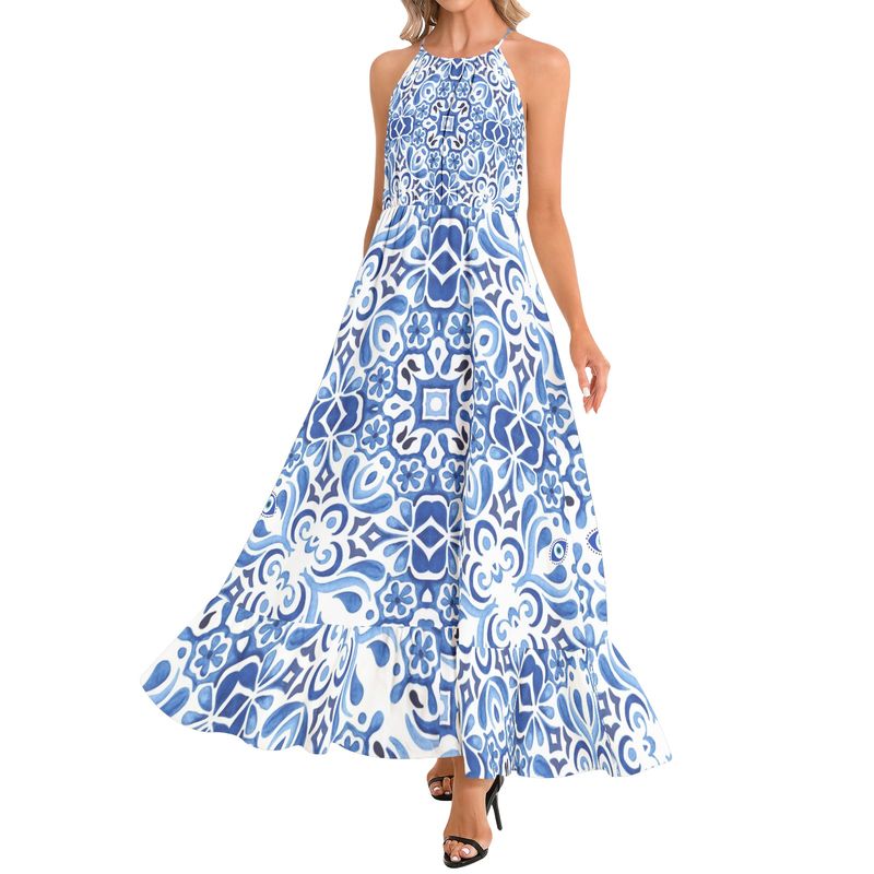 Ruffle Hem Halter Neck Maxi Dress