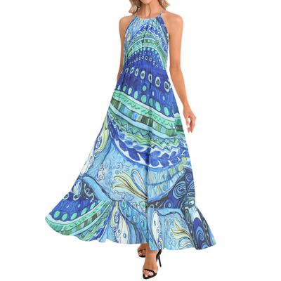 Ruffle Hem Halter Neck Maxi Dress