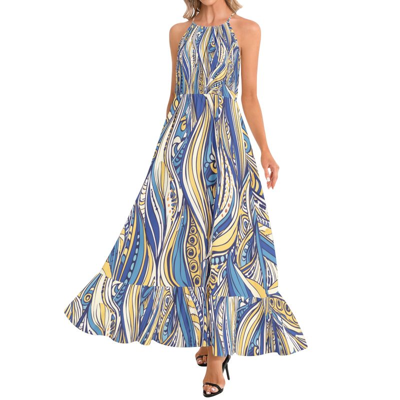 Ruffle Hem Halter Neck Maxi Dress