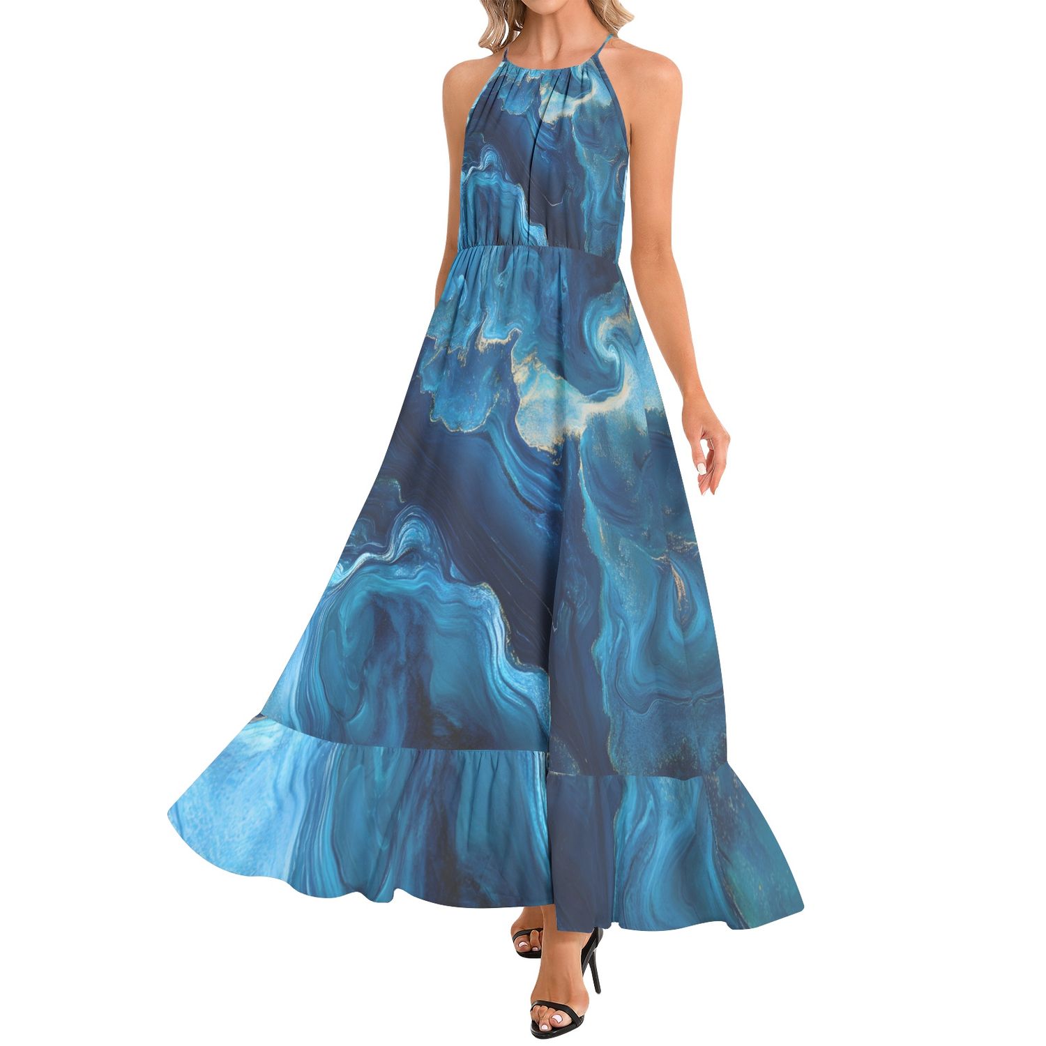 Ruffle Hem Halter Neck Maxi Dress